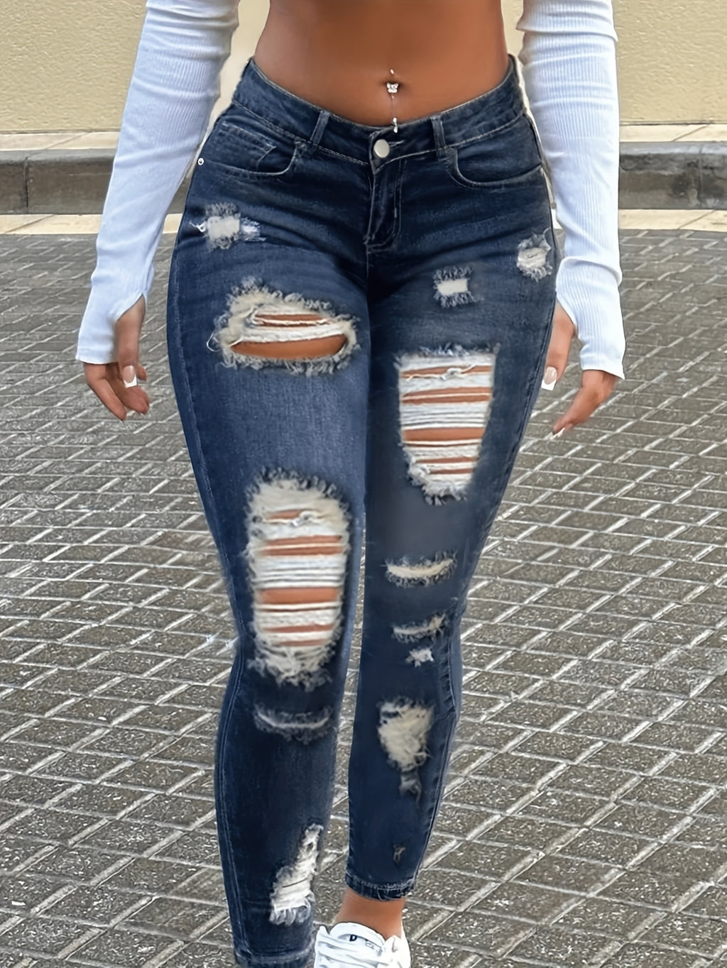 womens distressed skinny jeans     stretch denim
