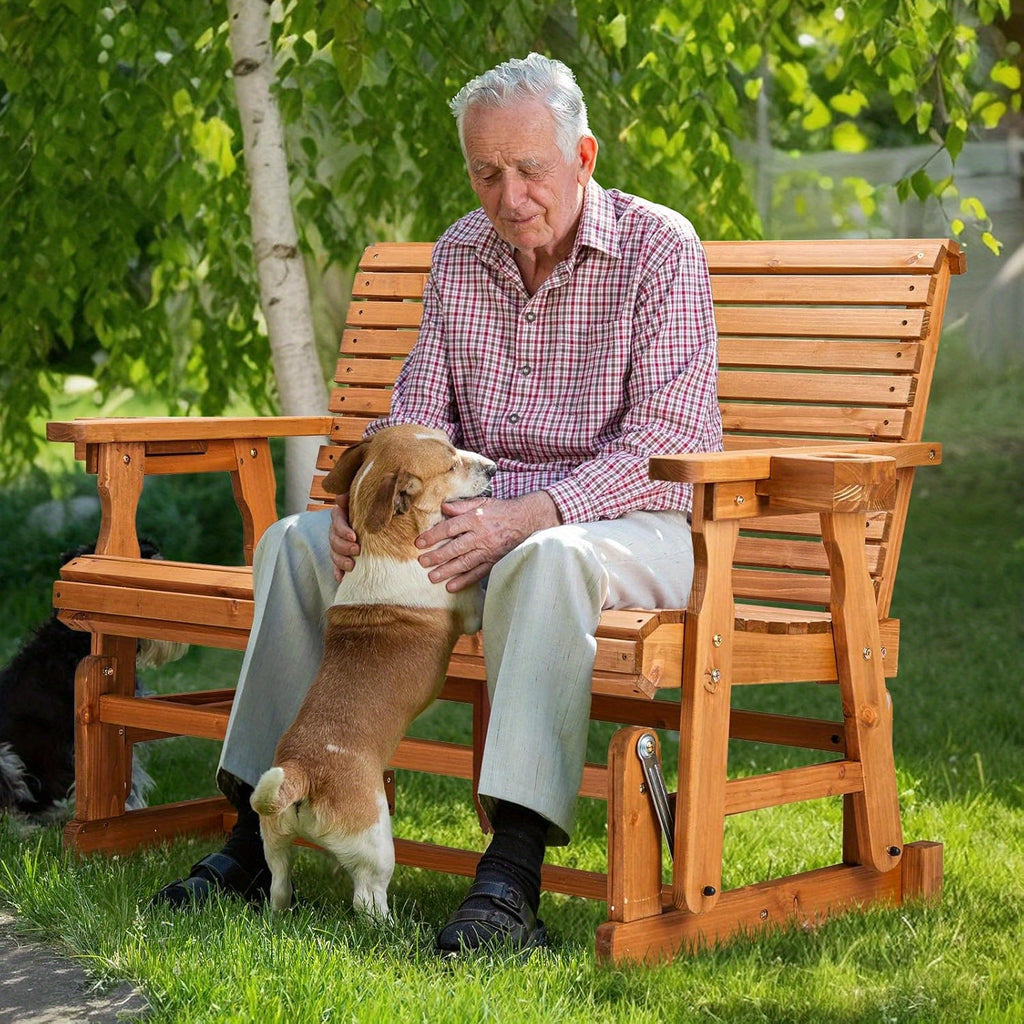 hd outdoor glider bench wood patio glider cup holders porch