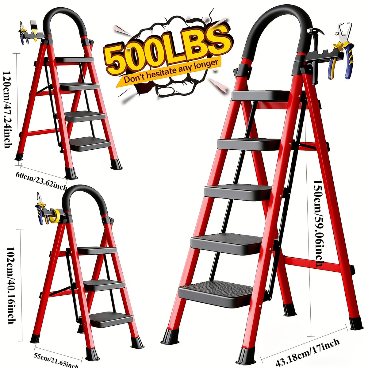 500lbs load bearing folding ladder heavy duty steel step