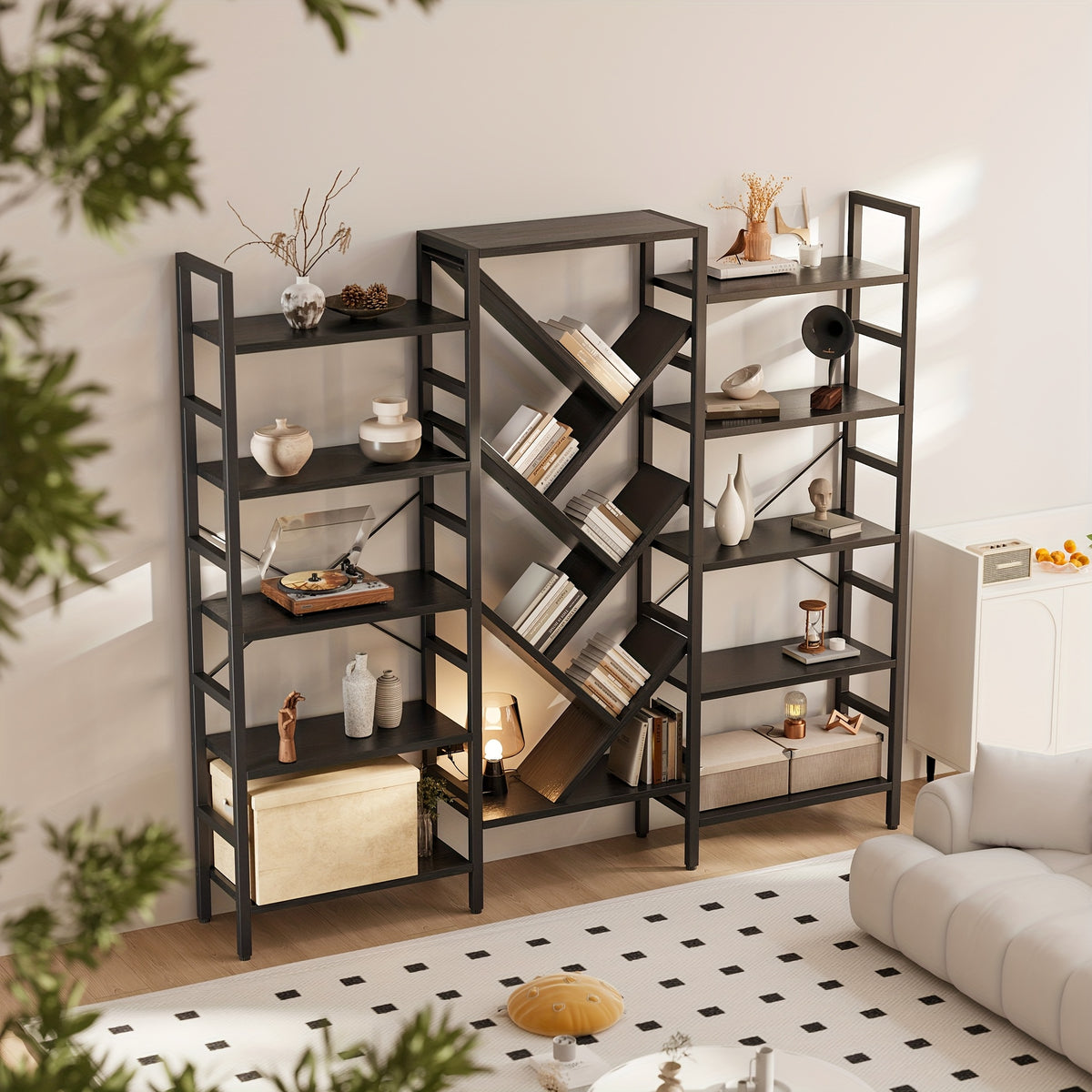 a   wooden bookcase measuring 70 9 x 70 featuring 5