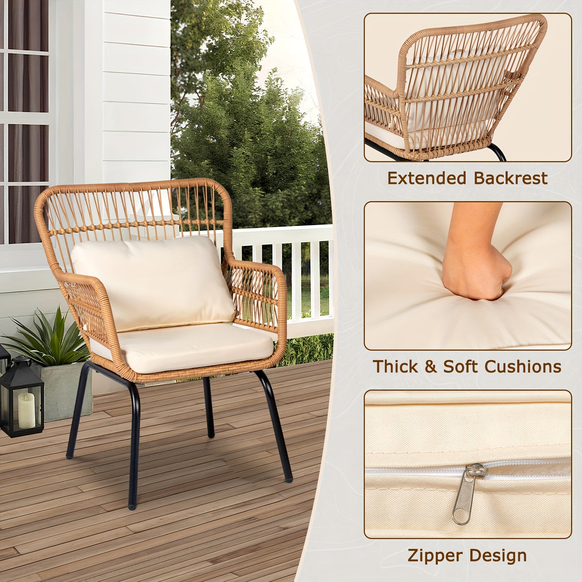 3pcs boho outdoor small patio furniture chair set beige