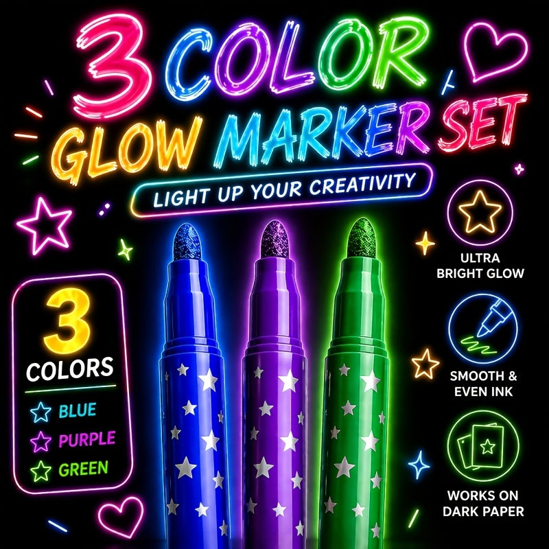glow in dark highlighters 3 pack neon pattern markers