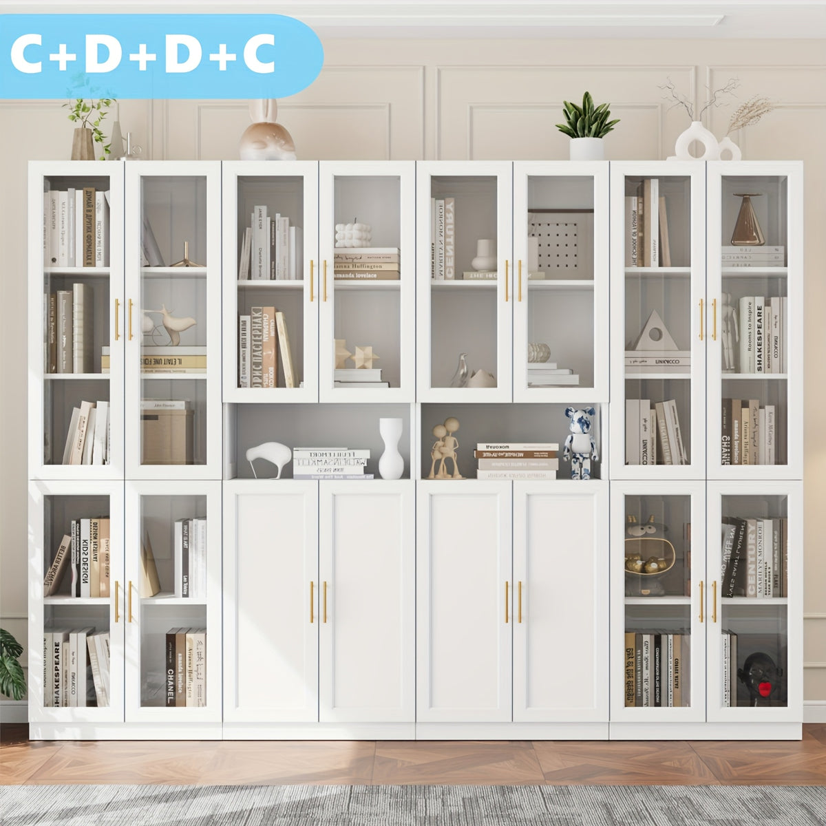 modular bookshelf display cabinet set glass doors drawers 5