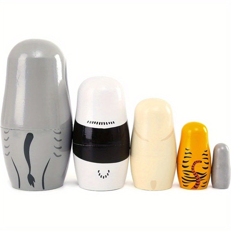 5pcs handmade wooden   nesting dolls elephant panda