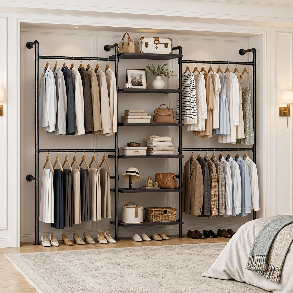 wall-mounted bedroom wardrobe, retro industrial style duct clothing rack with 6 wooden shelves and 4  . bedroom furniture wardrobe storage - furniture