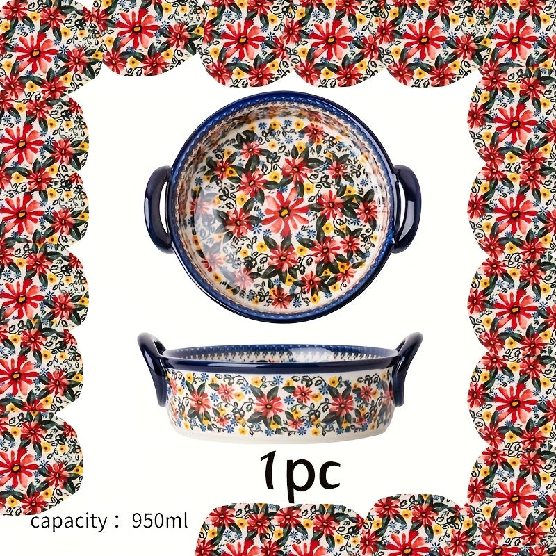 1pc large 950ml ceramic soup bowl dual handles floral