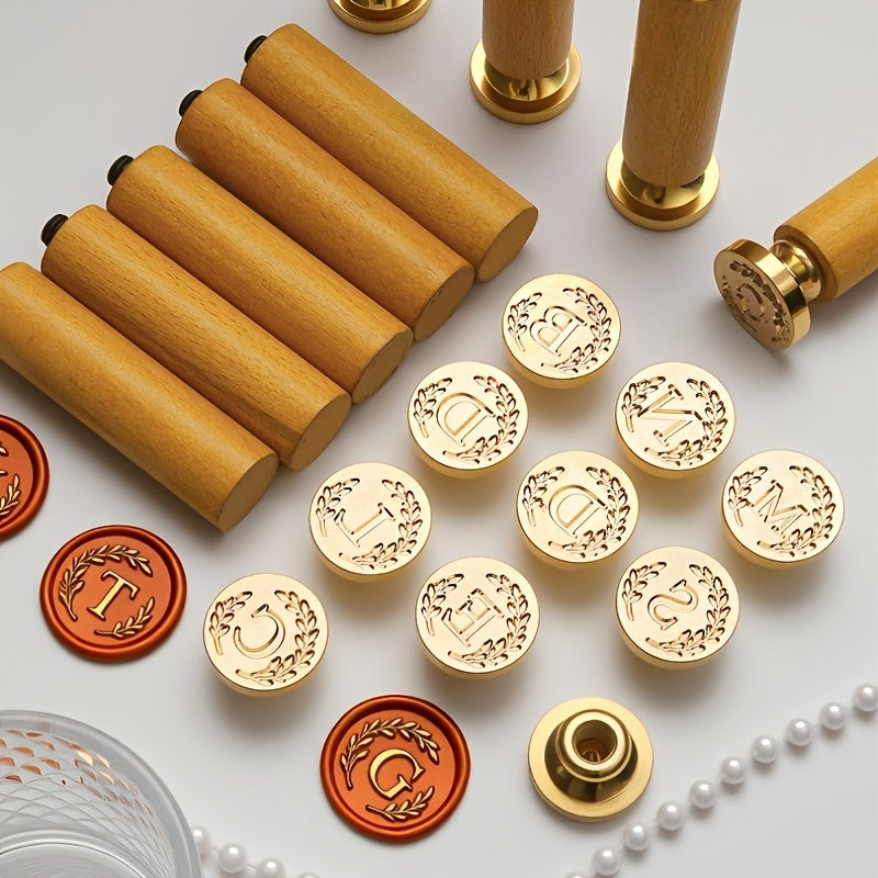 1 set retro letter wax sealing set yellow wooden handle wax