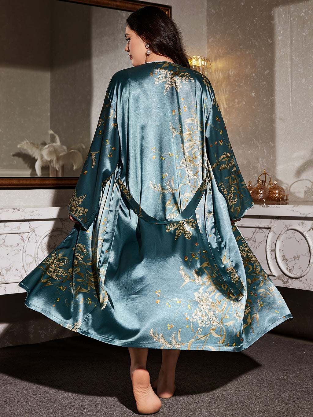 plus size   robe tie belt printed long sleeve robe women