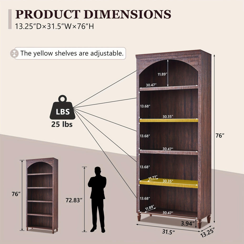 76 tall arched bookcase farmhouse 5 tiers large arched