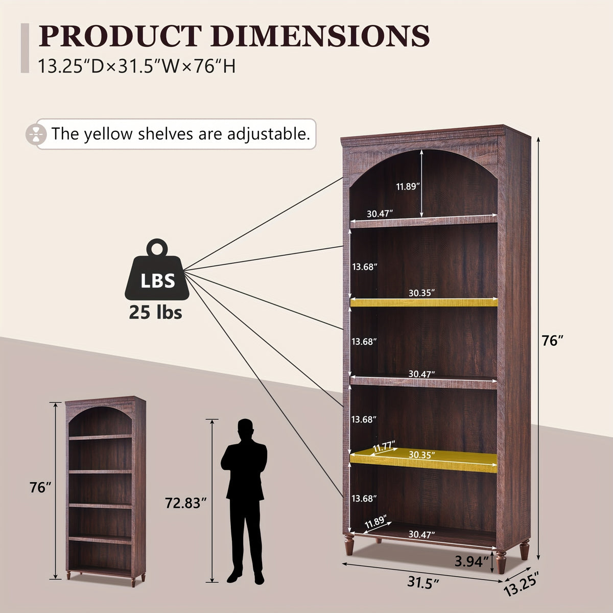 76 tall arched bookcase farmhouse 5 tiers large arched