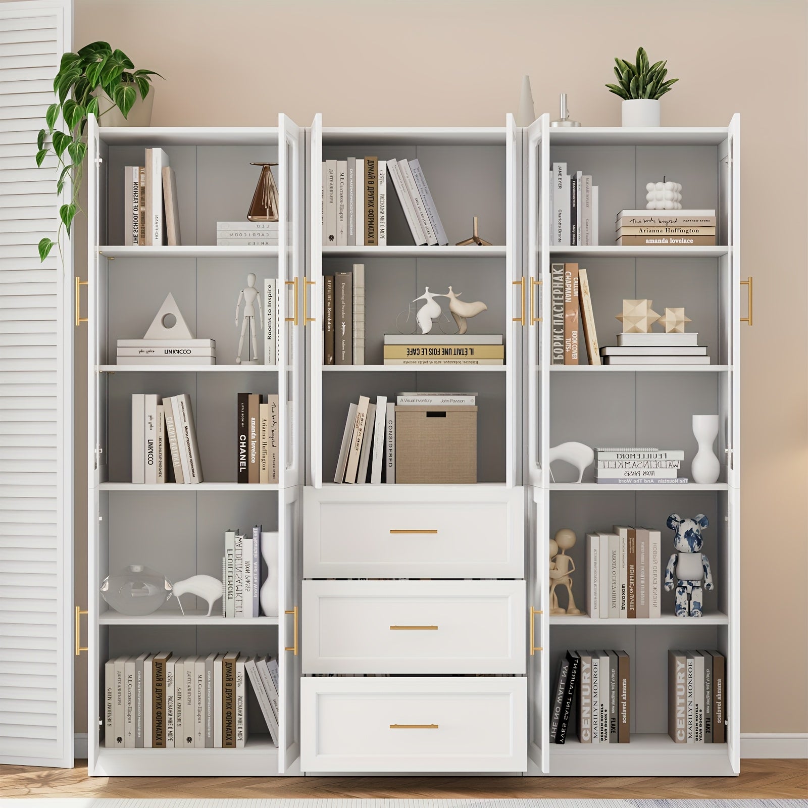 modular bookshelf display cabinet set glass doors drawers 5