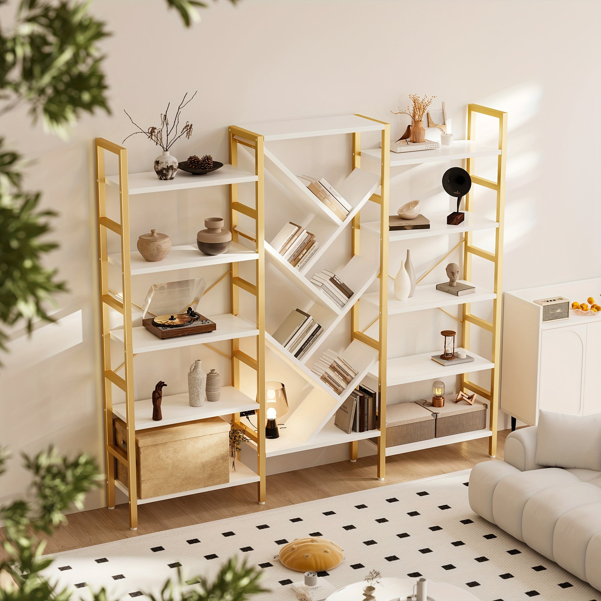 a   wooden bookcase measuring 70 9 x 70 featuring 5