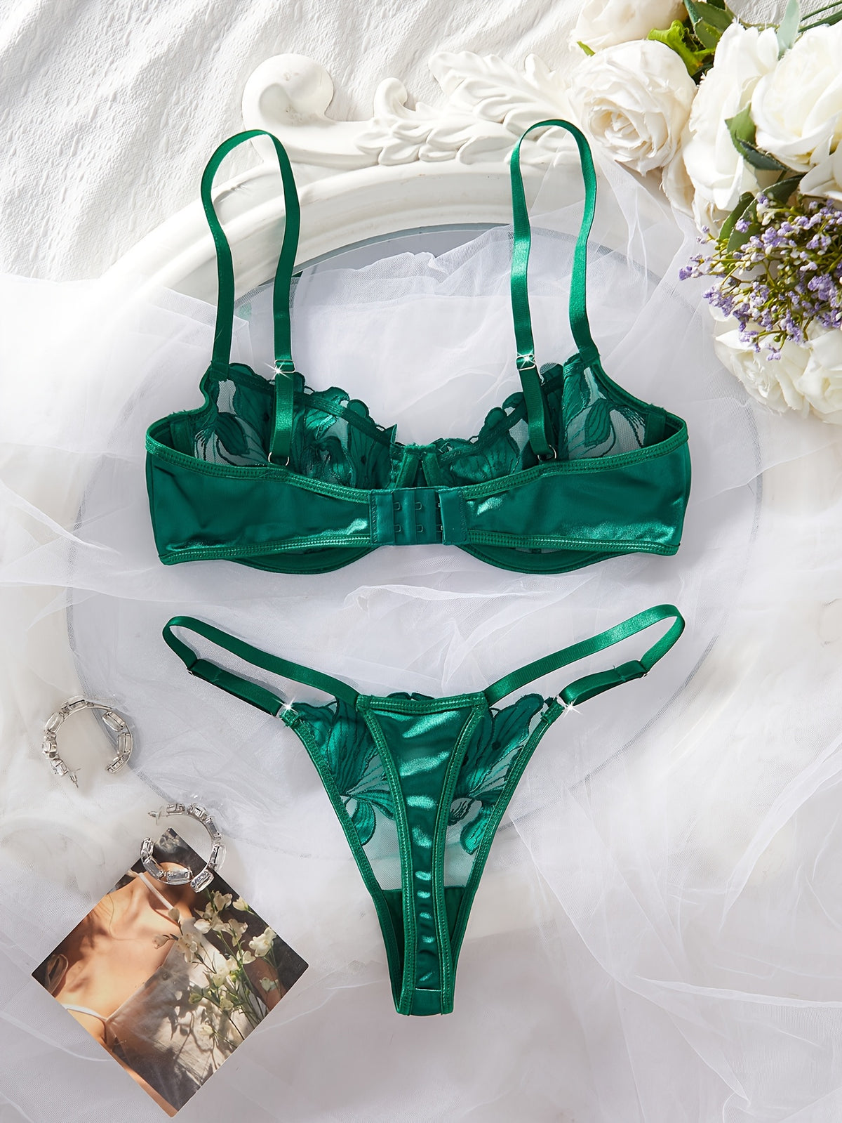 womens green floral   embroidery lingerie set semi