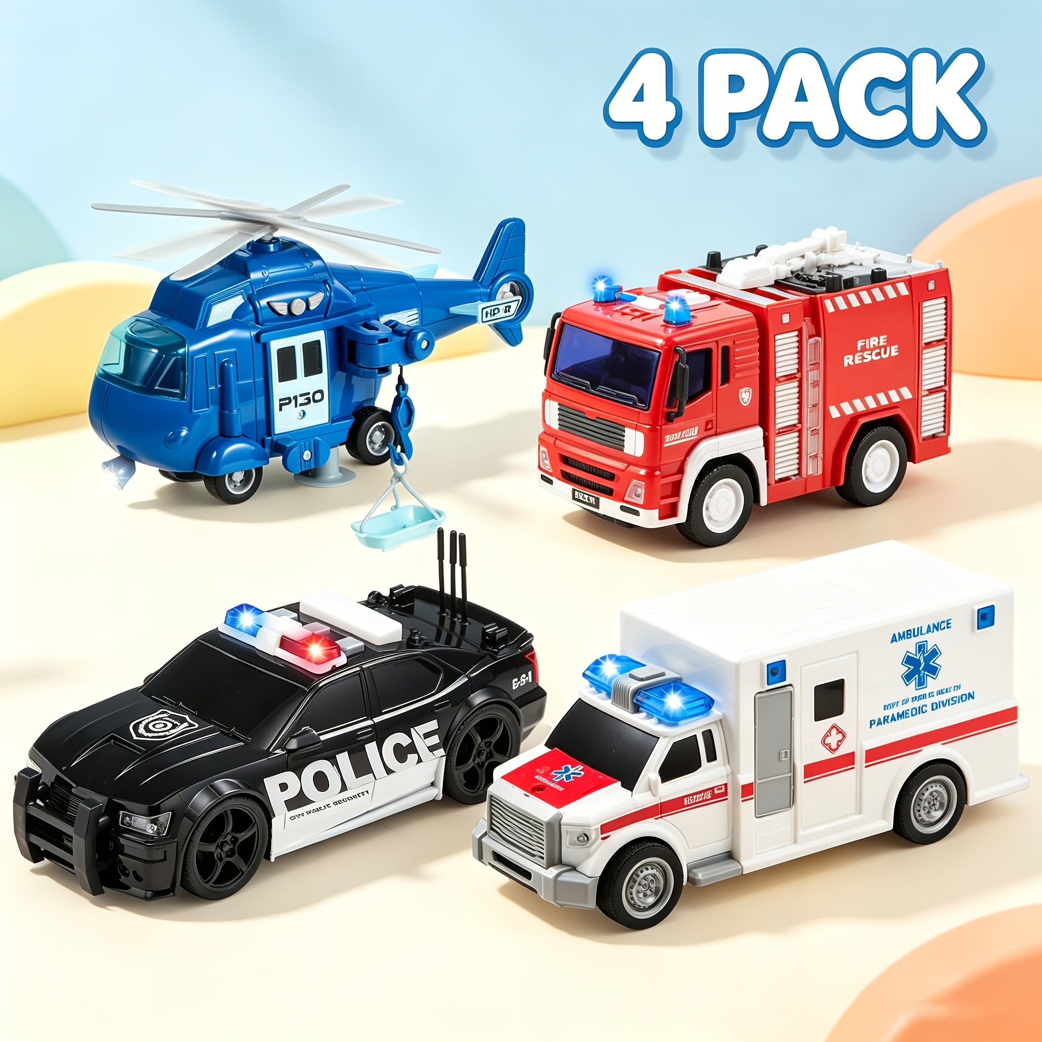 4 pack emergency vehicle truck toys kids age 3 friction