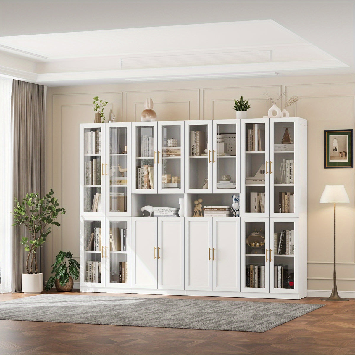modular bookshelf display cabinet set glass doors drawers 5