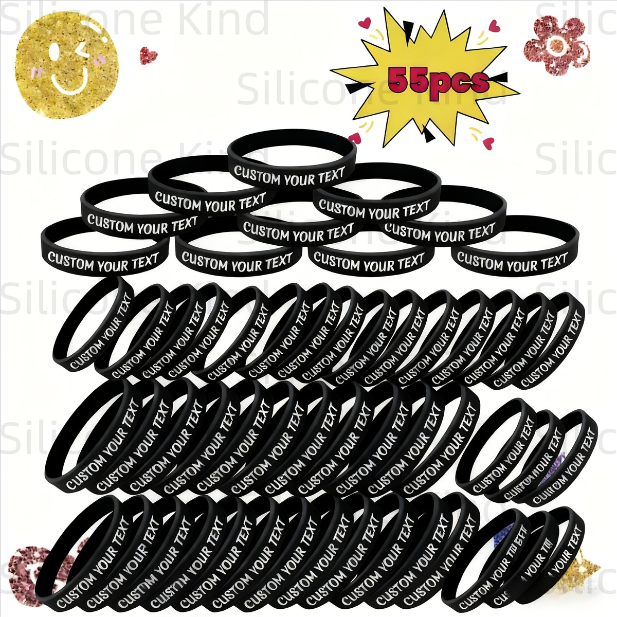 custom 55pcs inspirational quote rubber wristbands bulk