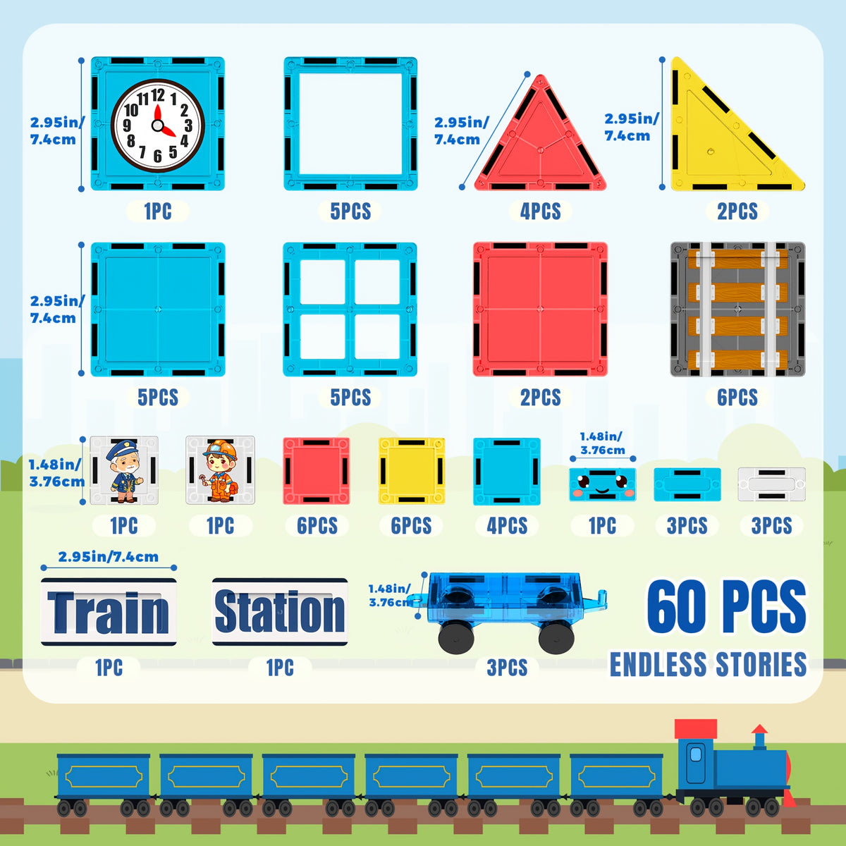 magnetic train station building set 60pcs magnetic tiles