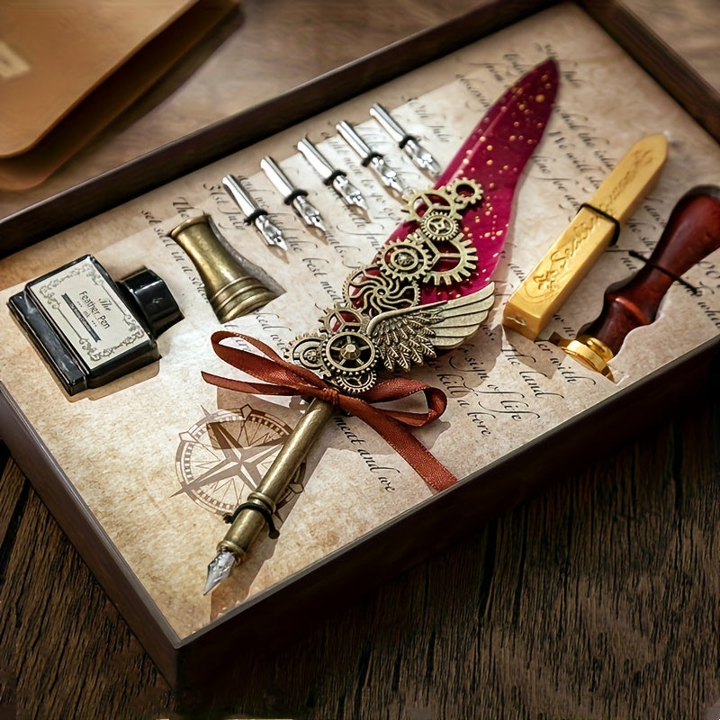 1 set feathers vintage mechanical gear pen wax print brass