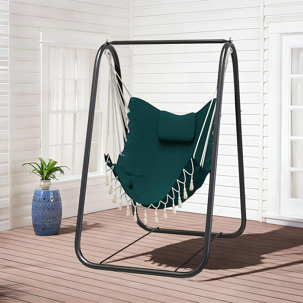 outdoor swing chair a stand featuring a   metal hammock