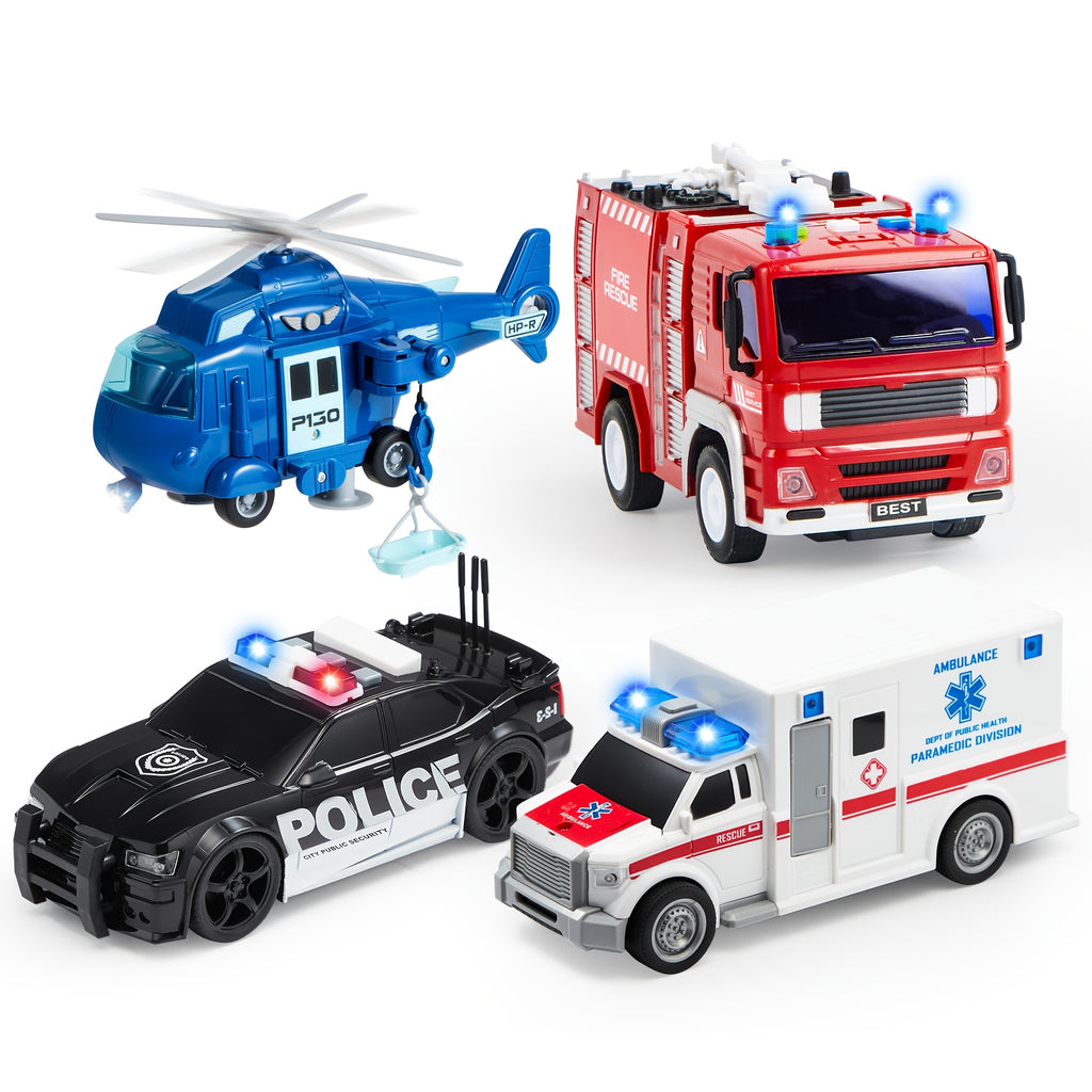 4 pack emergency vehicle truck toys kids age 3 friction