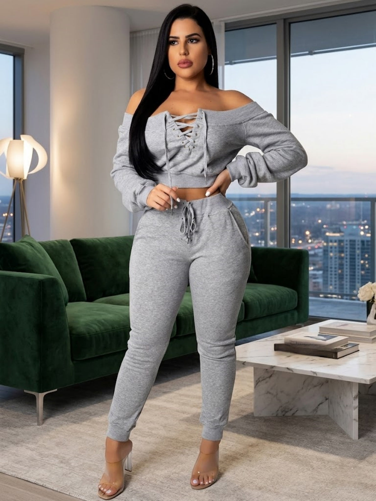 womens 2pcs sweatsuit set shoulder lace long sleeve crop top