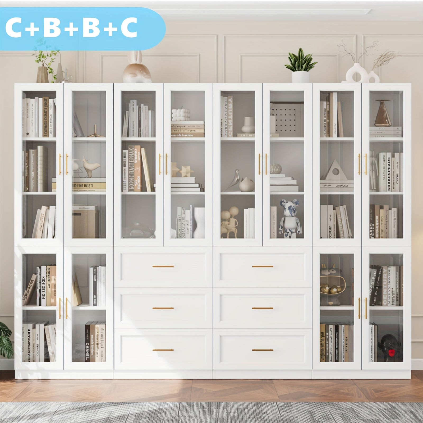 modular bookshelf display cabinet set glass doors drawers 5