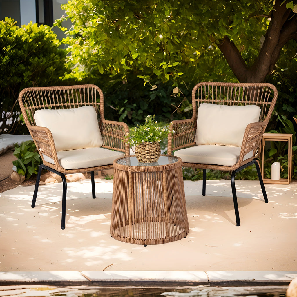 3pcs boho outdoor small patio furniture chair set beige