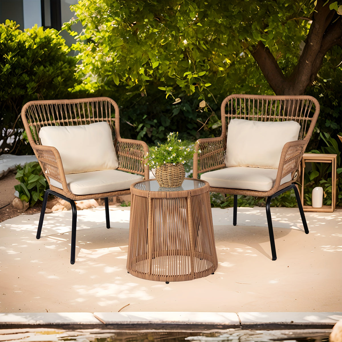 3pcs boho outdoor small patio furniture chair set beige
