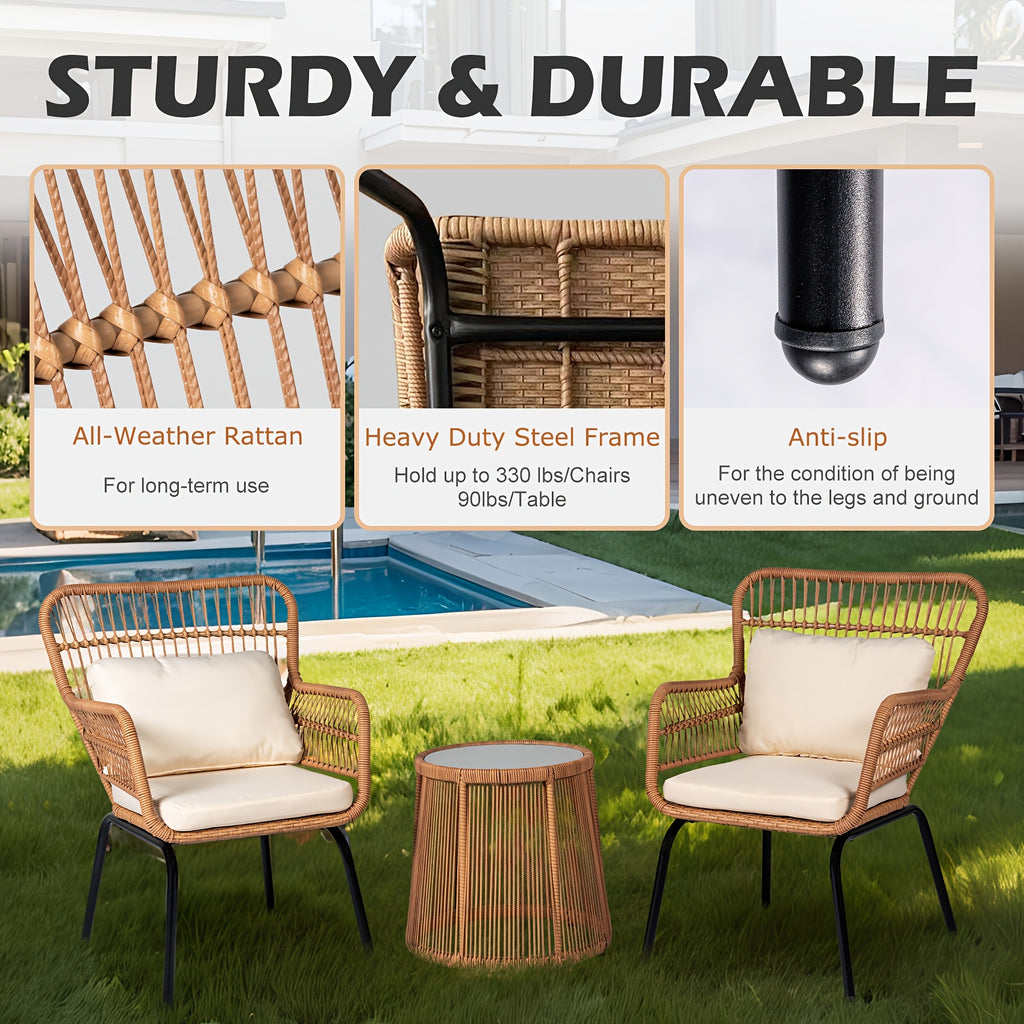 3pcs boho outdoor small patio furniture chair set beige