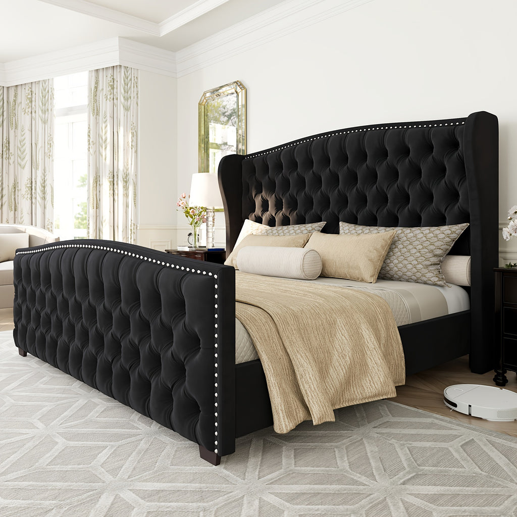 handcrafted velvet bed frame featuring a wingback headboard