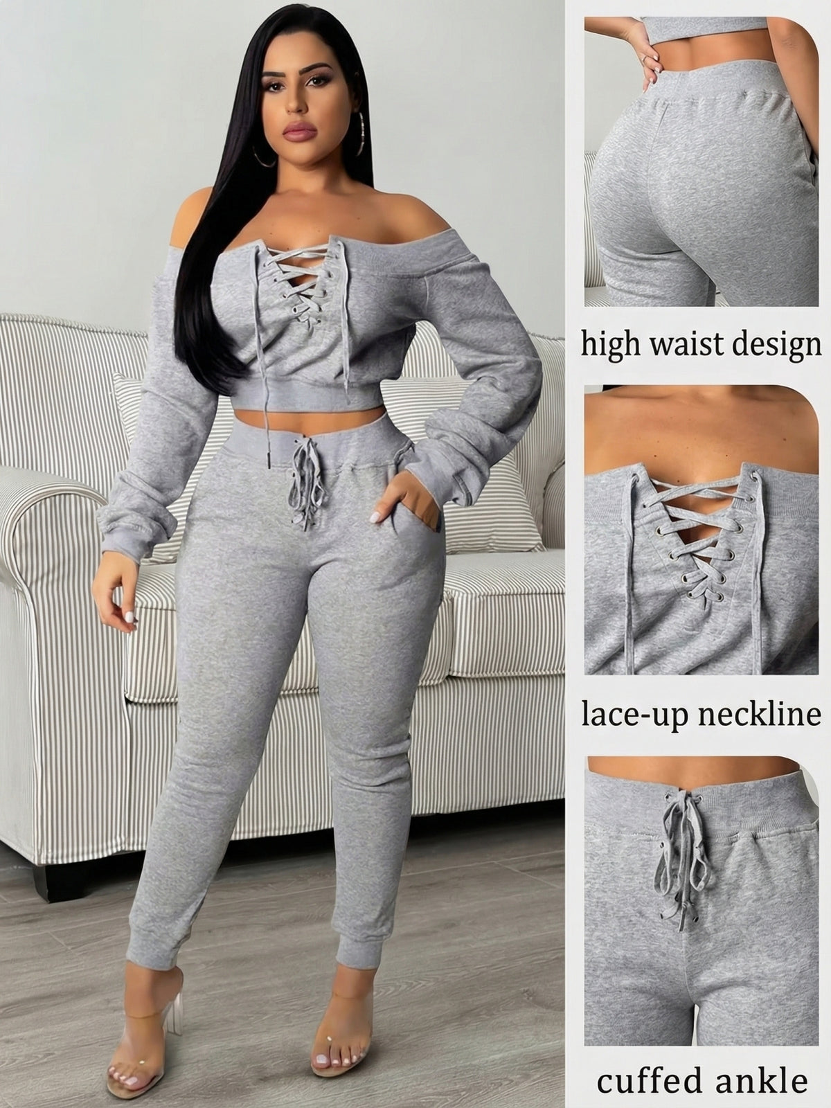 womens 2pcs sweatsuit set shoulder lace long sleeve crop top