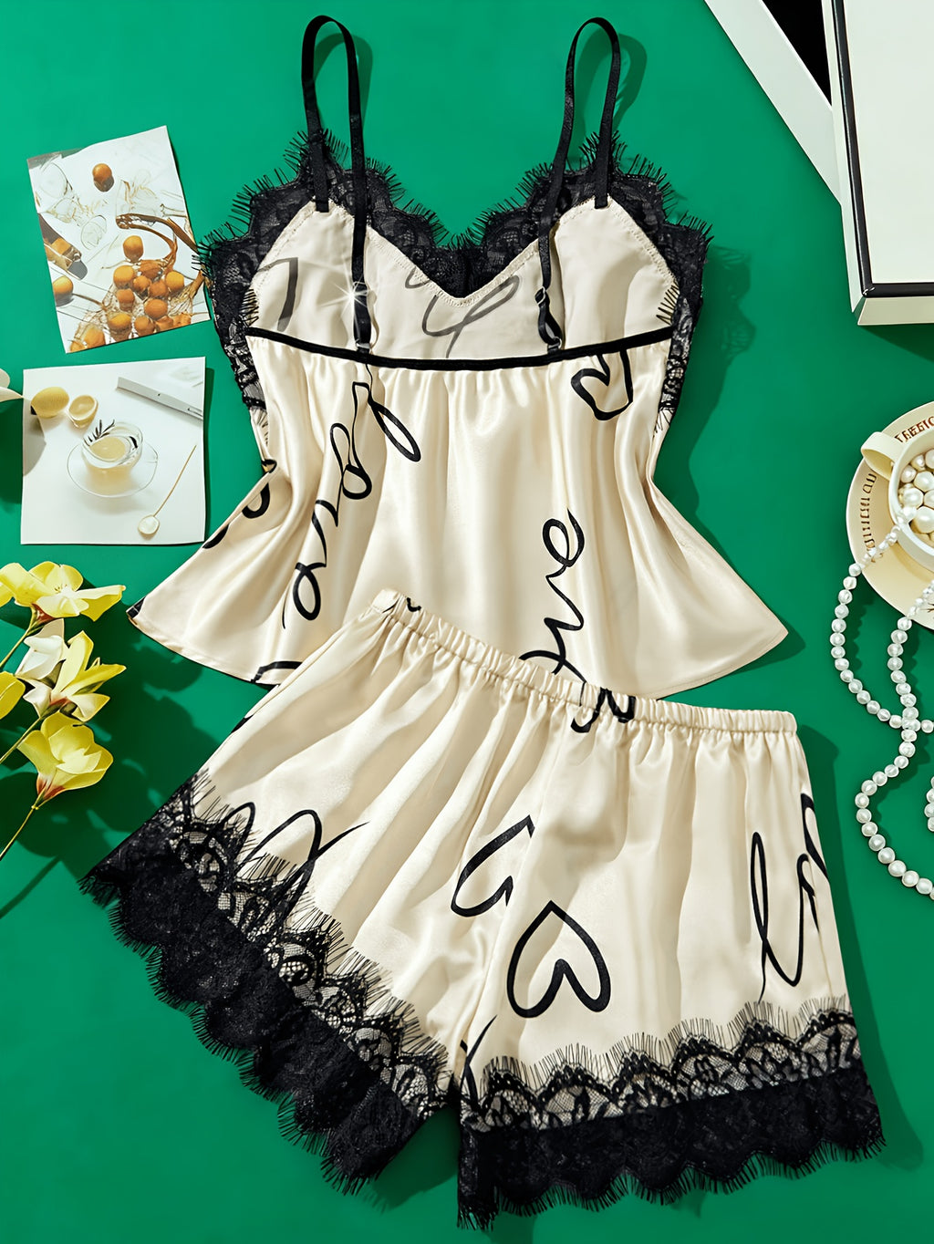 contrast lace letter print pajama set spaghetti strap top