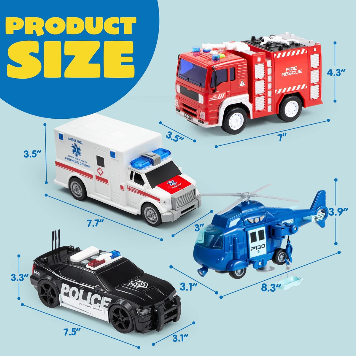 4 pack emergency vehicle truck toys kids age 3 friction