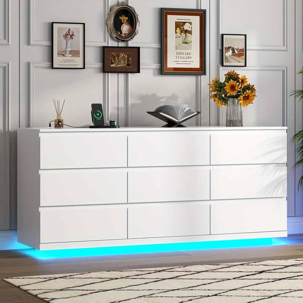 9 drawer dresser bedroom power outlet led lights modern wide