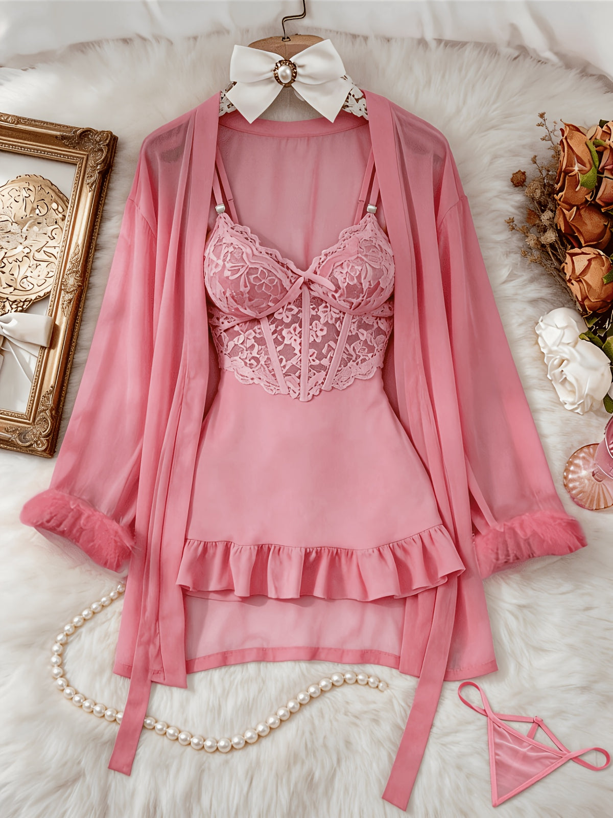 womens   3pcs sheer lace   set robe panty see