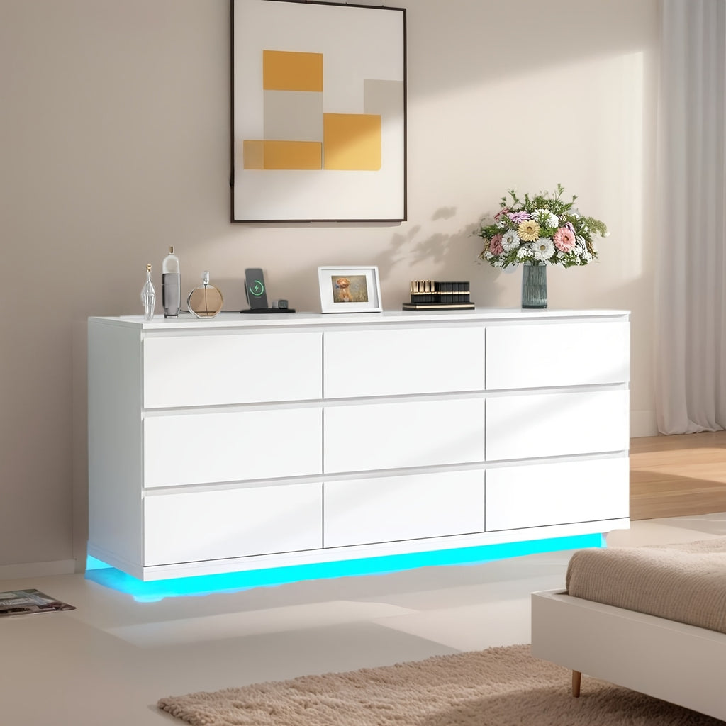 9 drawer dresser bedroom power outlet led lights modern wide