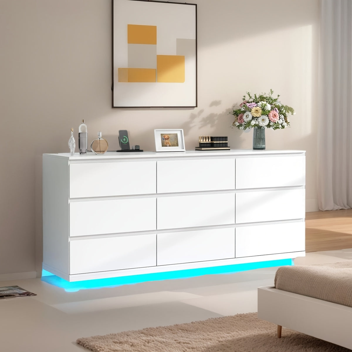 9 drawer dresser bedroom power outlet led lights modern wide