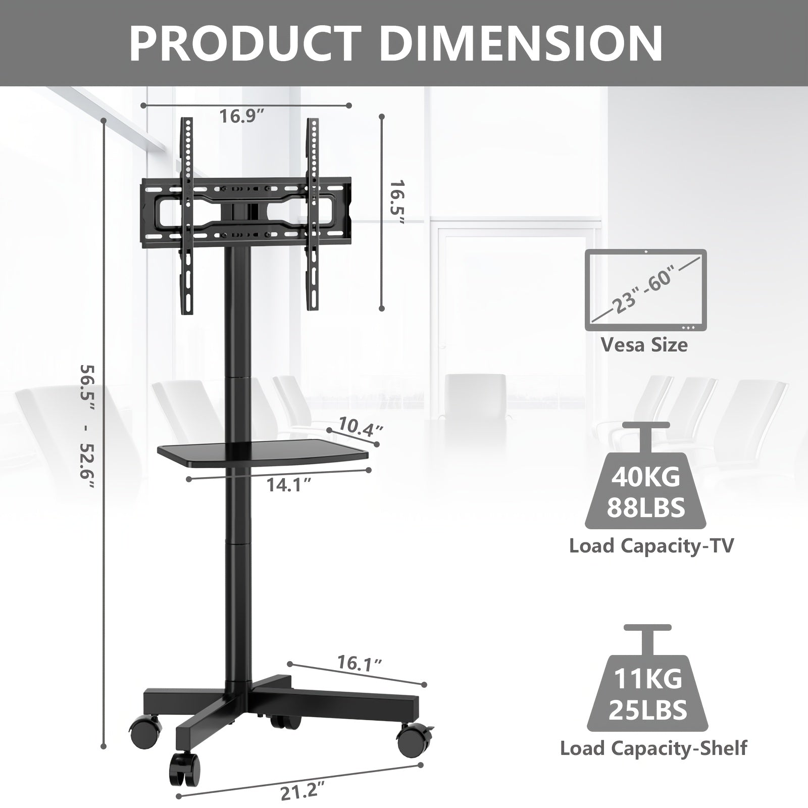 height adjustable mobile tv cart wheels 23 60 inch tvs