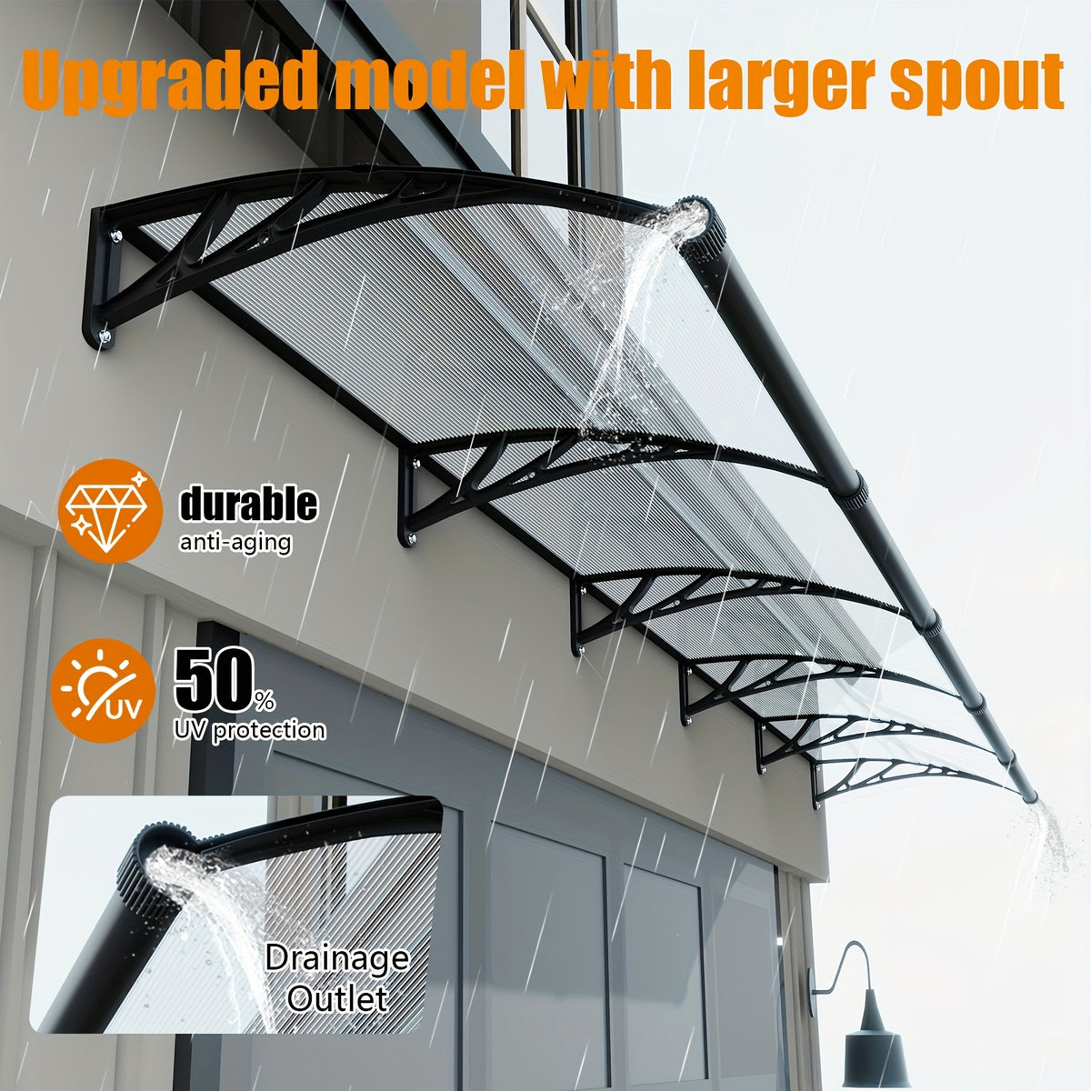awnings windows doors large gutters rain sun uv protection