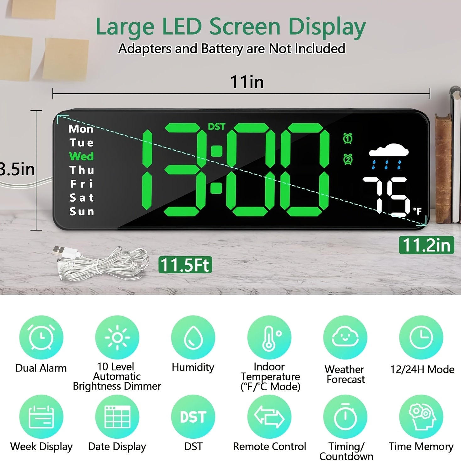 11 large digital wall clock remote rgb backlight alarm