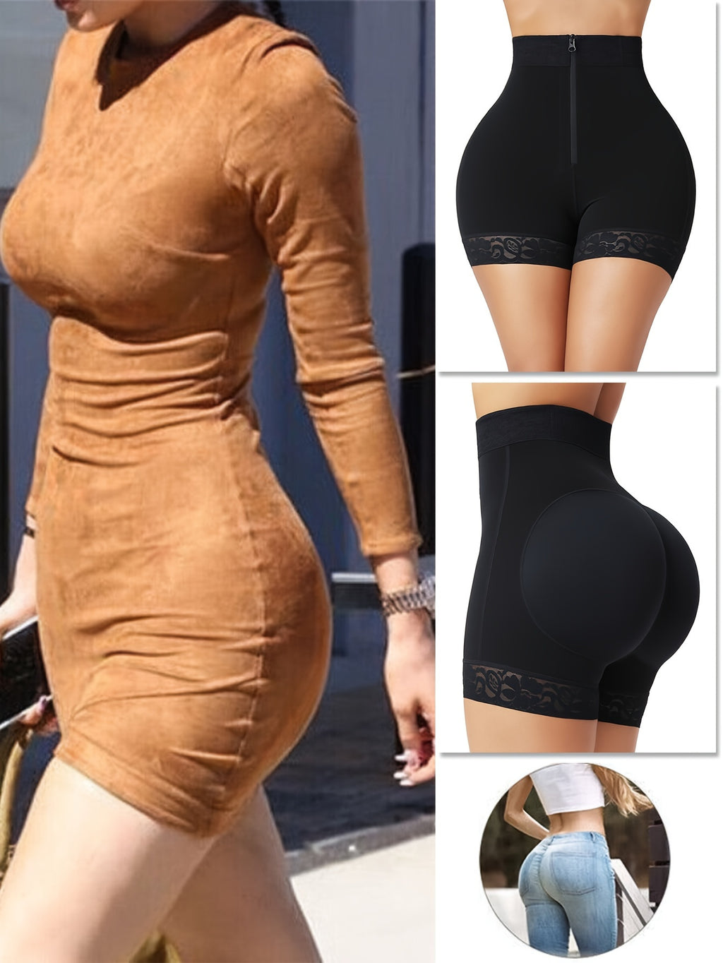 women front zipper   lifter shorts high waist curve