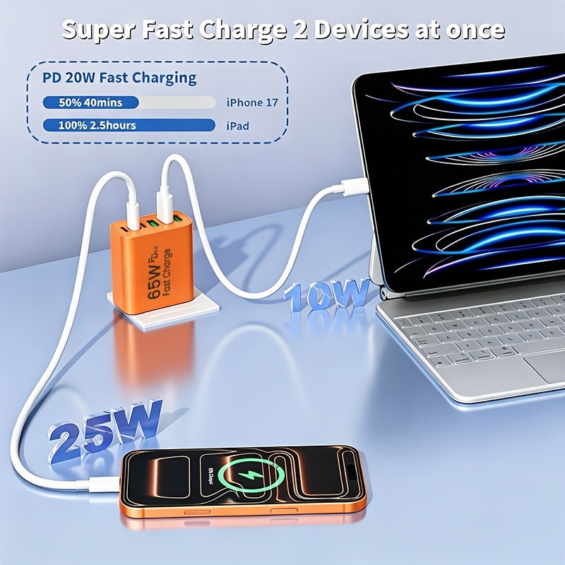 65w 6 port type c type a multi port charger home wall