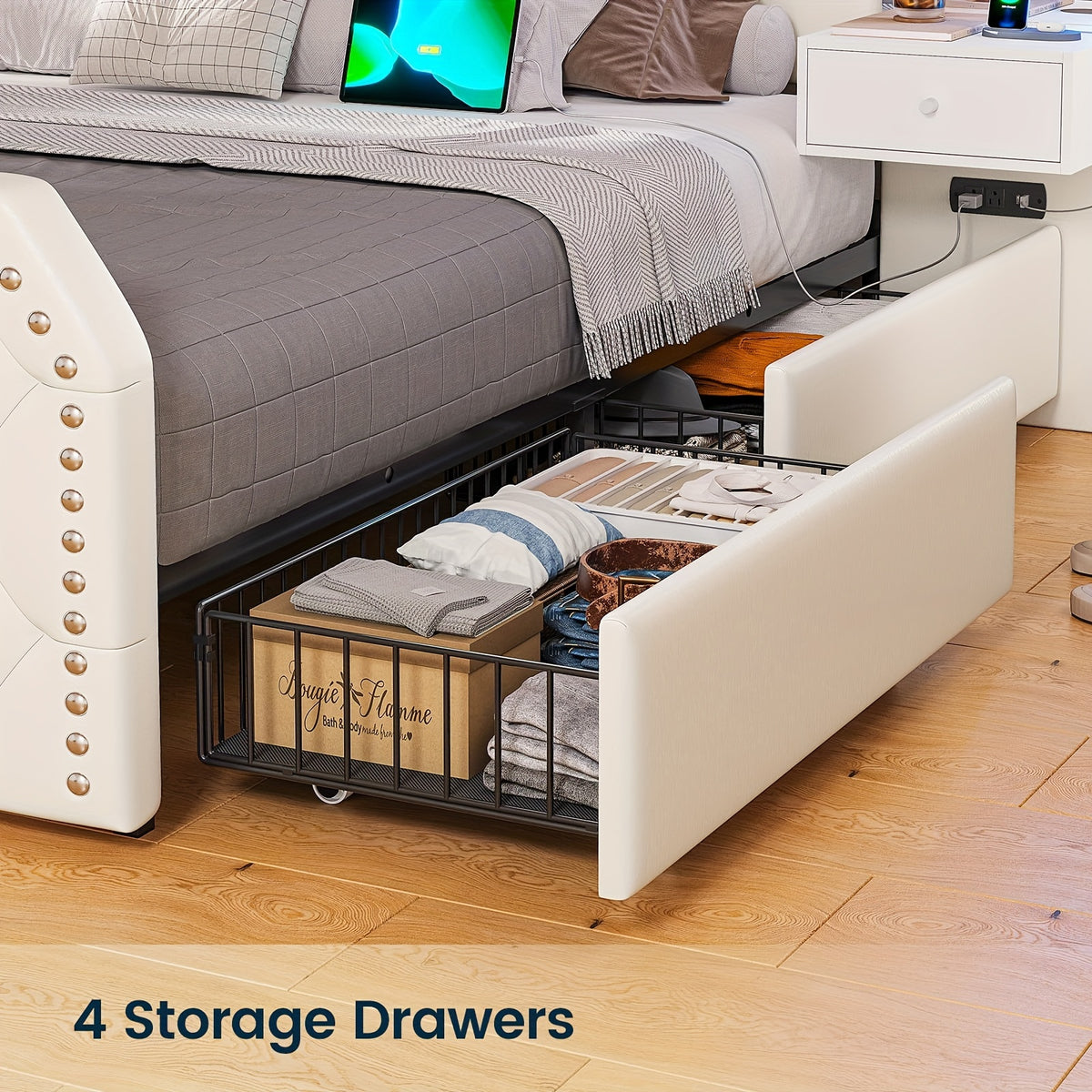queen size bed frame 2 nightstands mirror modern platform
