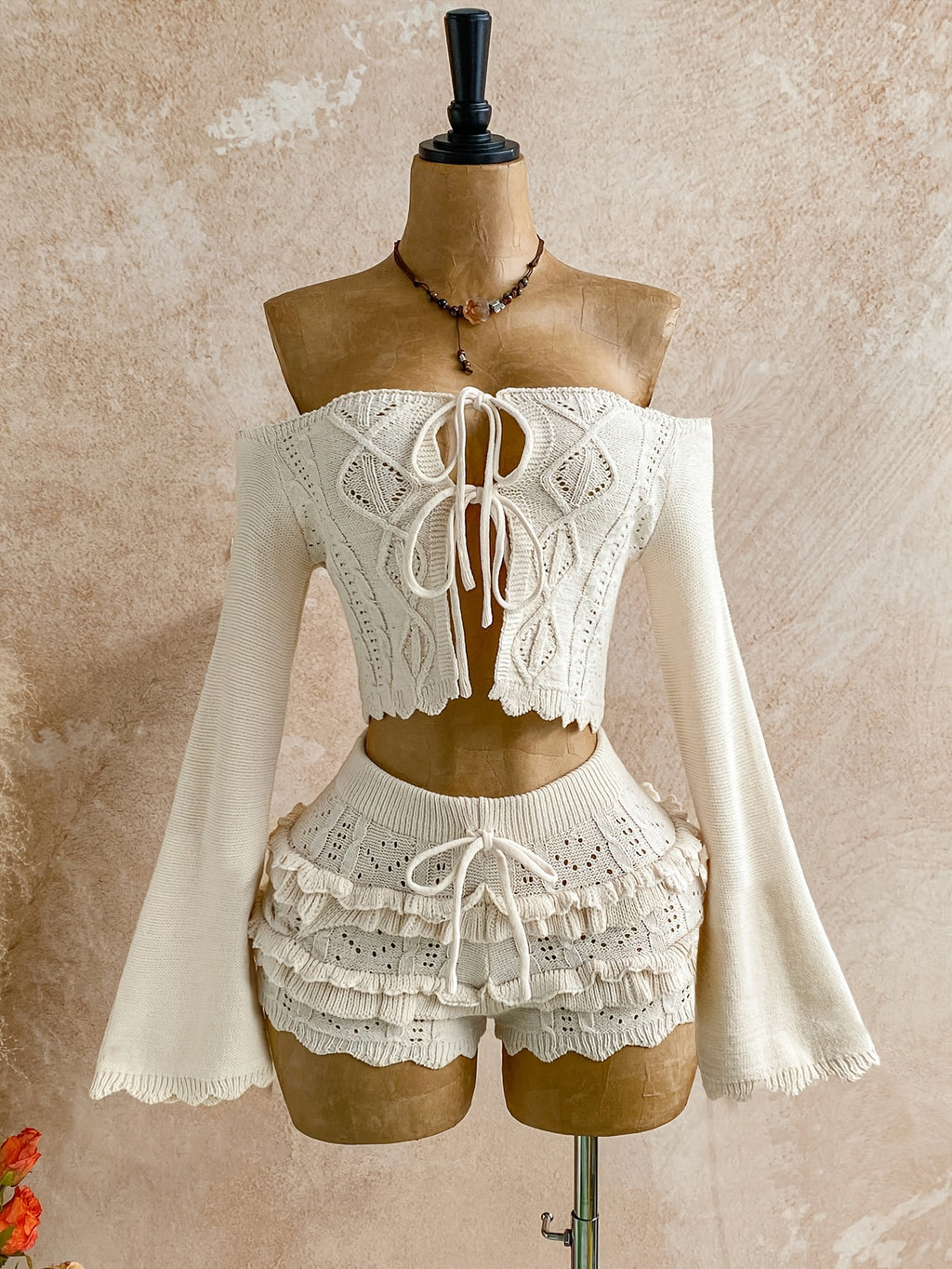 two piece womens fashionable   shoulder tie front sweater