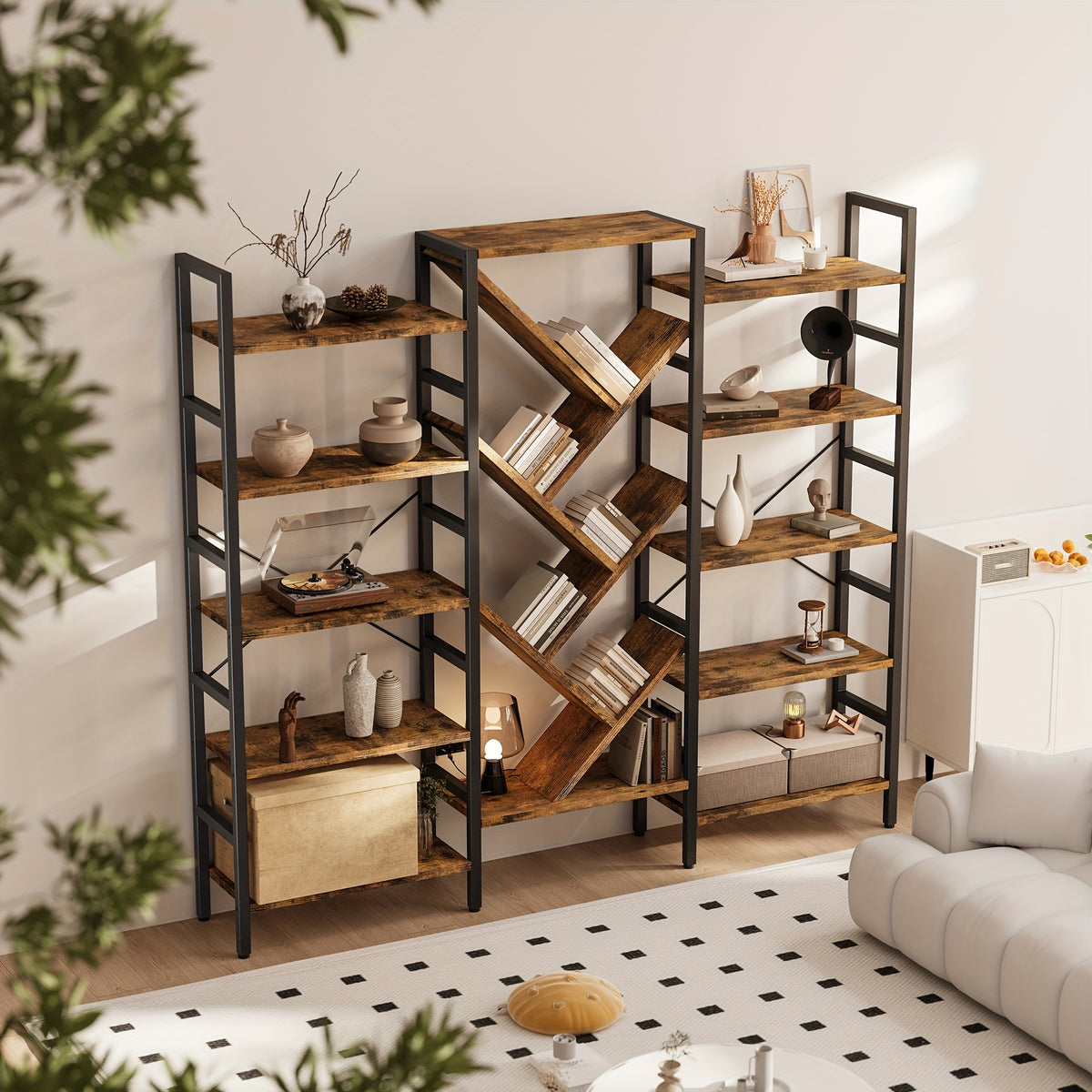 a   wooden bookcase measuring 70 9 x 70 featuring 5