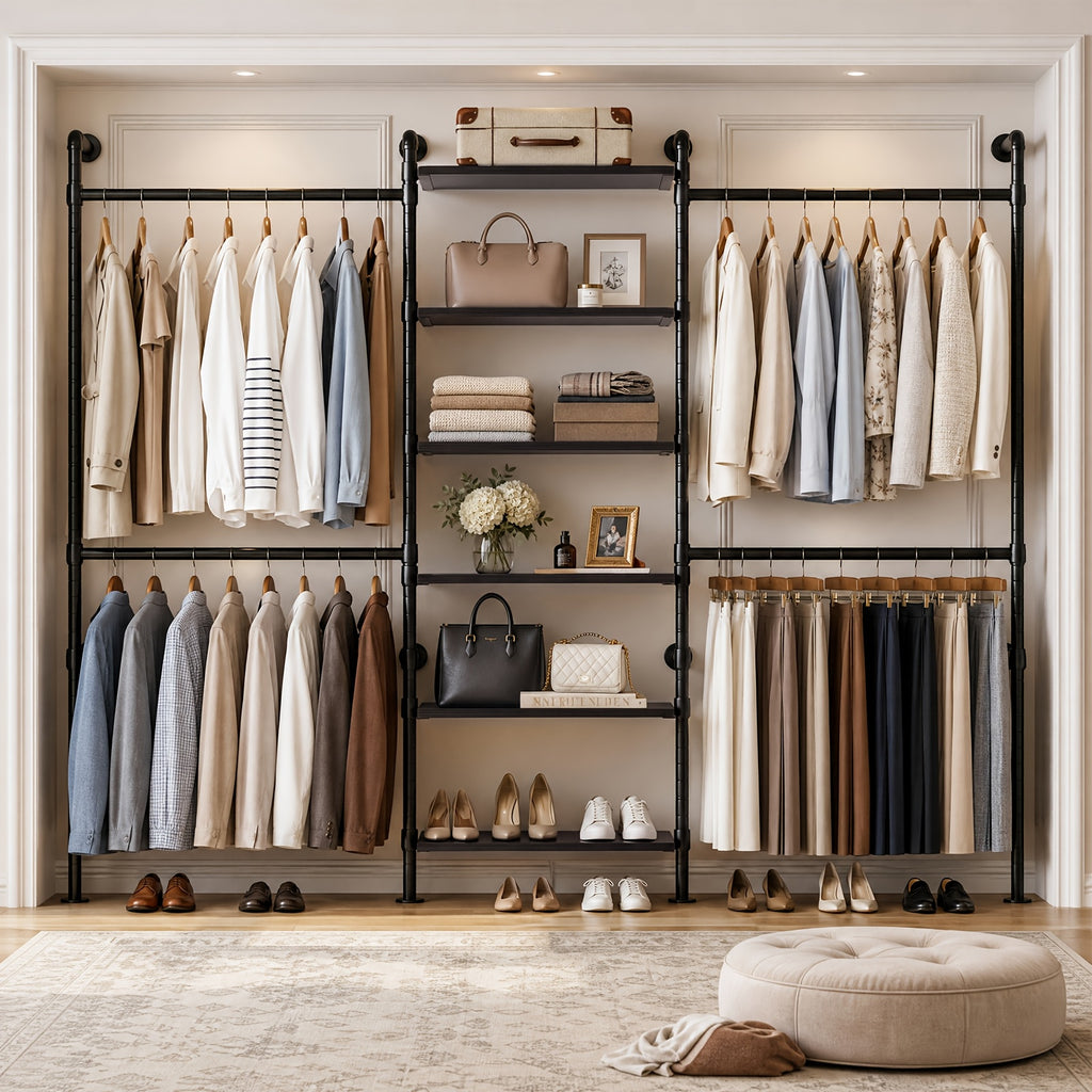 wall-mounted bedroom wardrobe, retro industrial style duct clothing rack with 6 wooden shelves and 4  . bedroom furniture wardrobe storage - furniture