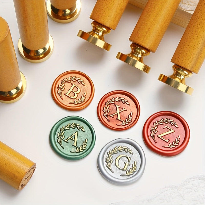 1 set retro letter wax sealing set yellow wooden handle wax