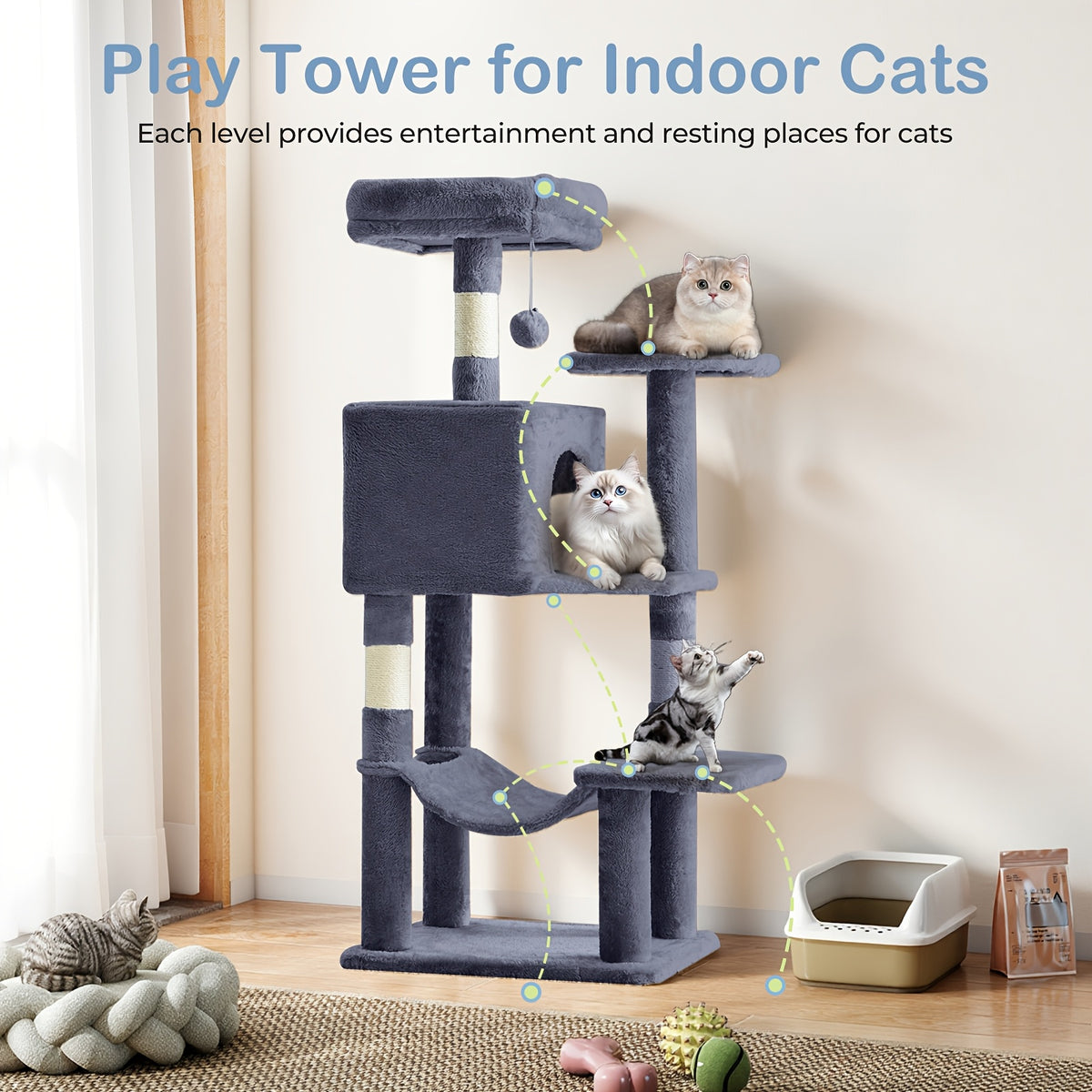 44 inch multi cat tree tower condo hammock natural sisal