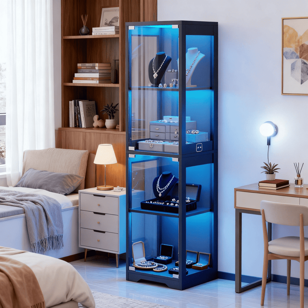 single door glass display cabinet 4 tier 3 led lights smart