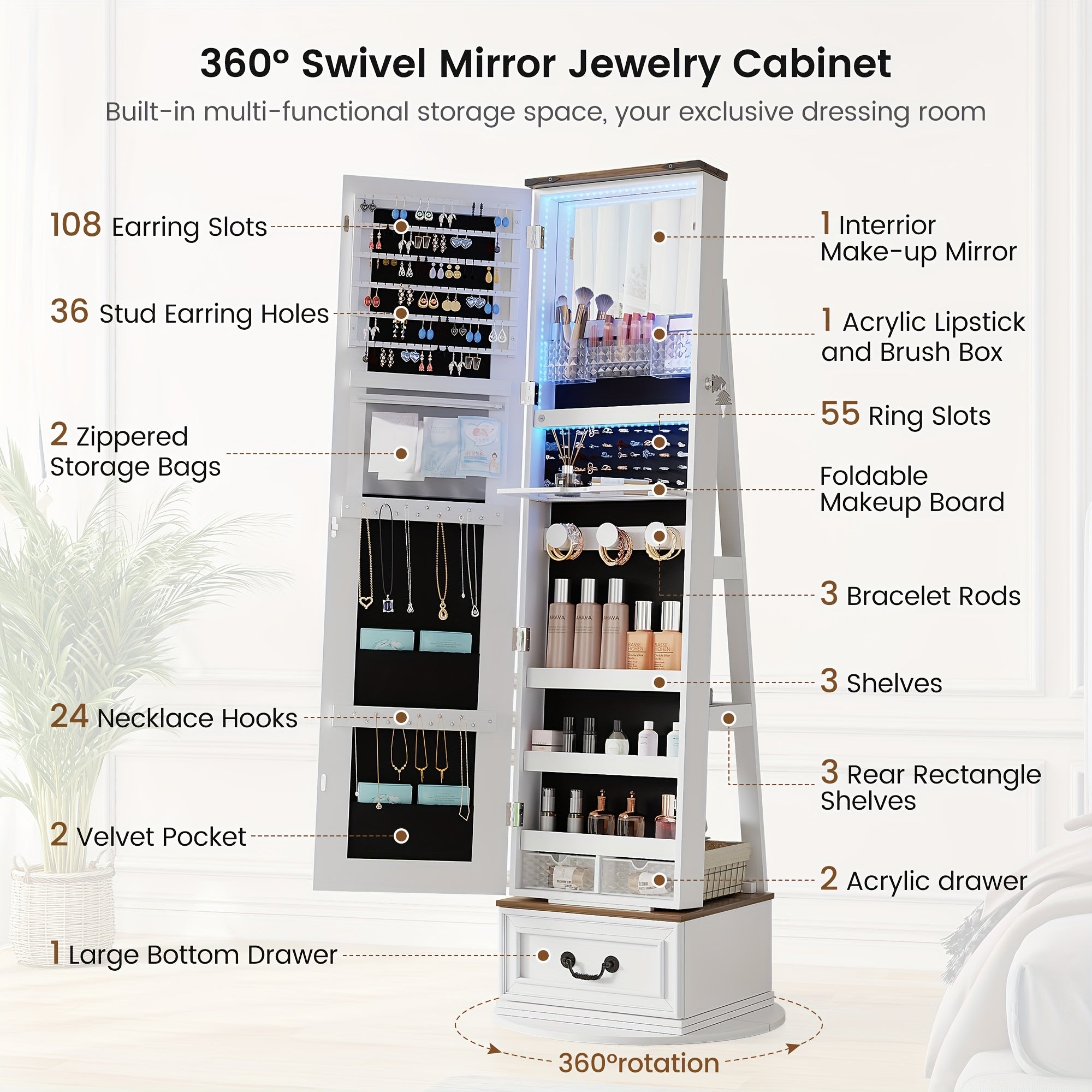 vintage inspired 360 swivel jewelry mirror cabinet lights